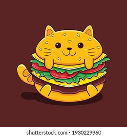 Cute Burger Cat Vector Cartoon Style