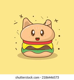 Cute burger character cartoon illustration. Cheerful adorable burger cartoon icon. Food character fantasy design for kids.