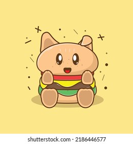 Cute burger character cartoon illustration. Cheerful adorable burger cartoon icon. Food character fantasy design for kids.