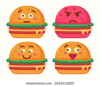 Cute Burger character with different expressions isolated collection