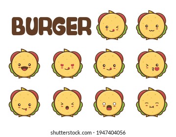 Cute burger character emotions with different facial expressions