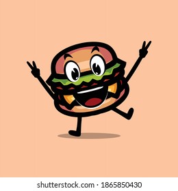 cute burger character illustration with happy face and peace hand sign. For restaurant or street food stall logo and mascot. Isolated premium vector