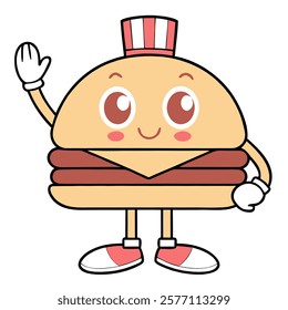 Cute burger character vector illustration. Cartoon isolated retro hamburger waving with fun, mascot with funny, perfect for fast food restaurant menu.