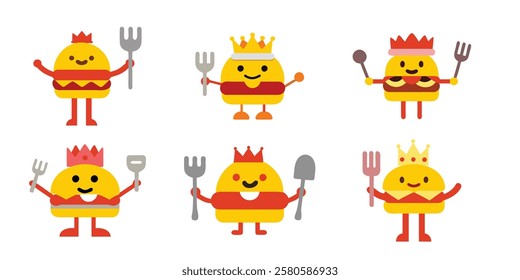 Cute  burger characters smiling faces colorful crowns