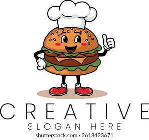 Cute burger chef mascot giving thumbs up. Perfect for food logos, menus, and branding. cartoon