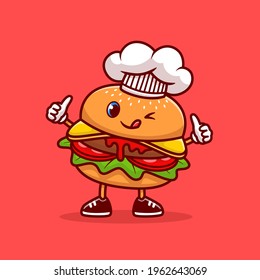 Cute Burger Chef Thumbs Up Cartoon Vector Icon Illustration. Food Chef Icon Concept Isolated Premium Vector. Flat Cartoon Style