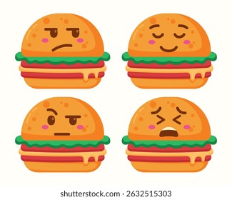 Cute burger emoticons icons isolated set collection