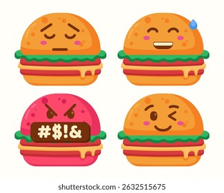 Cute burger emoticons icons isolated 