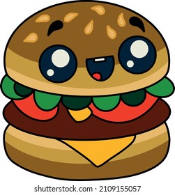 Cute, a burger with eyes and a mouth. Illustration for print, postcards, websites and icon.