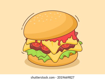 Cute Burger Fast Food Background Vector Illustration With Refreshing Ingredients. Tasty Image Meal in Flat Style Design