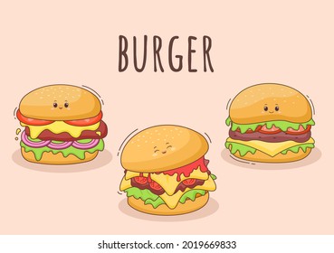 Cute Burger Fast Food Background Vector Illustration With Refreshing Ingredients. Tasty Image Meal in Flat Style Design