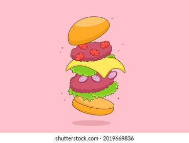 Cute Burger Fast Food Background Vector Illustration With Refreshing Ingredients. Tasty Image Meal in Flat Style Design
