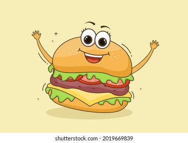 Cute Burger Fast Food Background Vector Illustration With Refreshing Ingredients. Tasty Image Meal in Flat Style Design