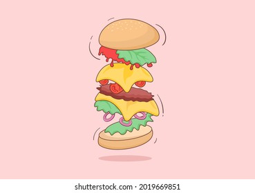 Cute Burger Fast Food Background Vector Illustration With Refreshing Ingredients. Tasty Image Meal in Flat Style Design