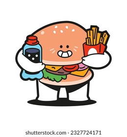 Cute burger with fast food vector cartoon character isolated on a white background.