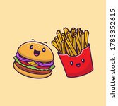 Cute Burger And French Fries Cartoon Vector Icon Illustration. Fast Food Character Icon Concept Isolated Premium Vector. Flat Cartoon Style 