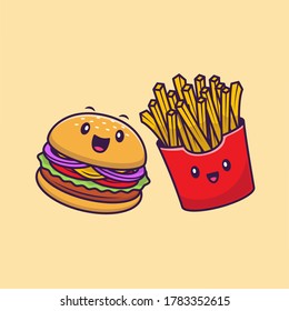 Ilustración Del Icono Del Vector De Caricaturas De La Burguera Cuta Y Las Fries Francesas. Vector Premium Aislado de carácter de comida rápida. Estilo de dibujo plano 