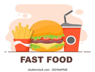 Cute Burger, French Fries and Cola Fast Food Background Vector Illustration With Refreshing Ingredients. Tasty Image Meal in Flat Style Design