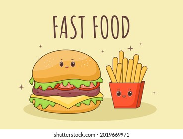 Cute Burger, French Fries and Cola Fast Food Background Vector Illustration With Refreshing Ingredients. Tasty Image Meal in Flat Style Design