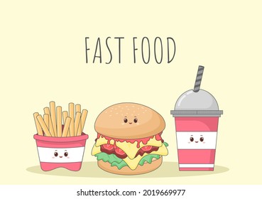 Cute Burger, French Fries and Cola Fast Food Background Vector Illustration With Refreshing Ingredients. Tasty Image Meal in Flat Style Design