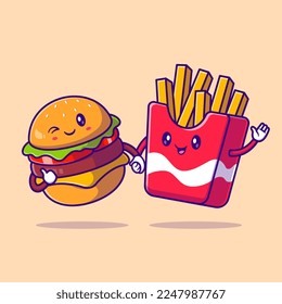 Cute Burger And French Fries Friend Cartoon Vector Icon Illustration. Food Object Icon Concept Isolated Premium Vector. Flat Cartoon Style