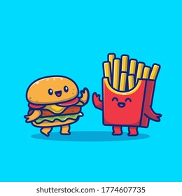 Cute Burger And French Fries Vector Icon Illustration. Fast Food Icon Concept Isolated Premium Vector. Flat Cartoon Style 