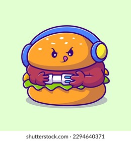 Ilustración del icono del vector de caricaturas Cute Burger Gaming. Vector Premium Aislado de Icono De La Tecnología Alimentaria. Estilo de dibujo plano