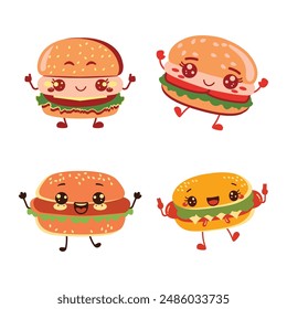Cute Burger Hamburger Junk Food Cartoon Character with Happy Expression