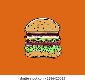 Cute burger hand drawn style, hand drawn burger food vector illustration design