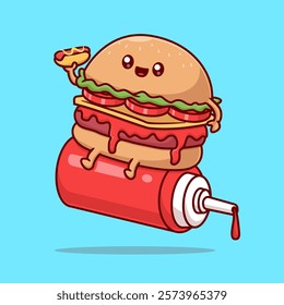 Cute Burger Holding Hotdog On Sauce Bottle Cartoon Vector 
Icon Illustration. Food Holiday Icon Concept Isolated Premium 
Vector. Flat Cartoon Style 
