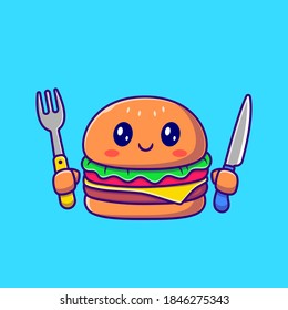 Cute Burger Holding Knife und Gabel Cartoon Vektorsymbol Illustration. Fast Food Icon Konzept isoliert Premium Vektor. Flachbildkartonstil