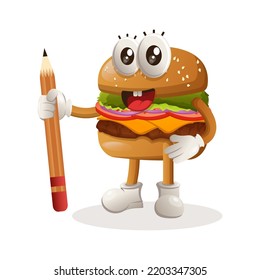 Cute burger holding pencil. Perfect for kids, small business or e-Commerce, merchandise and sticker, banner promotion, blog or vlog channel
