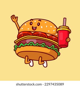 Cute Burger Holding Soda Drink Cartoon Vector Icon Illustration. Food Holiday Icon Concept Isolated Premium Vector. Flat Cartoon Style