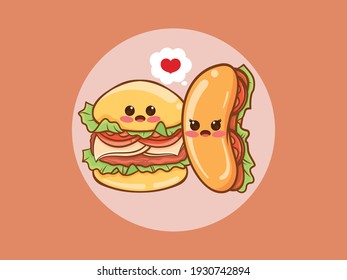 cute burger and hot dog couple concept. cartoon character and illustration.