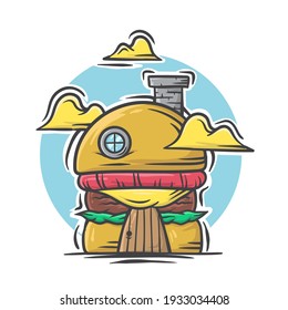 Cute burger house with clouds hand drawn vector illustration suitable for stickers, t shirt, totebags, hat, and poster design