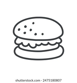 Cute burger icon. Hand drawn monochrome illustration of a hamburger isolated on a white background. Kawaii sticker. Vector 10 EPS.