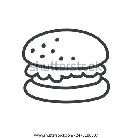Cute burger icon. Hand drawn monochrome illustration of a hamburger isolated on a white background. Kawaii sticker. Vector 10 EPS.