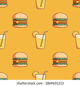 cute burger with lemon juice drawing in seamless pattern