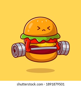 Cute Burger Lifting Barbell Cartoon Vector Icon Illustration. Food Healthy Icon Concept Isolated Premium Vector. Flat Cartoon Style