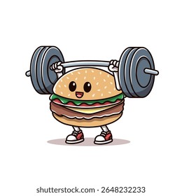 cute burger lifting weights cartoon