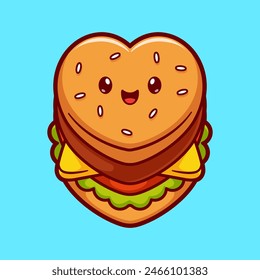 Cute Burger Love Heart Shape Cartoon Vector Icon Illustration. Food Object Icon Concept Isolated Premium Vector. Flat Cartoon Style