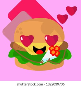 Cute burger in love is a vector about a cute burger brings a bundle of flower for his sweetheart, this vector suitable for someone who wants to show his/her love, the vector is printable and scalable
