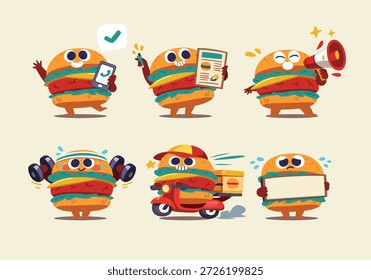 Cute burger mascot character set for restaurant and food delivery, six poses, vector illustration