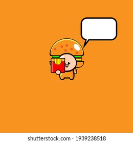 Cute burger mascot character vector design eating potato sticks