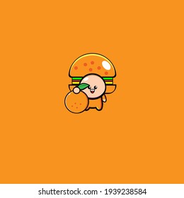 Cute burger mascot character vector design carrying oranges