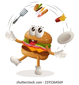 Cute burger mascot design cooking burger and french fries, chef cooking. Burger cartoon mascot character design. Delicious food with cheese, vegetables and meat. Cute mascot vector illustration