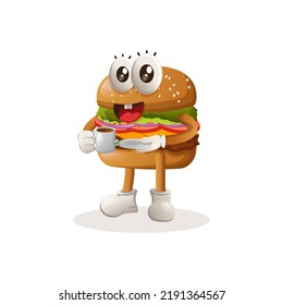 Máscaras de hamburguesas con diseño de té y té. Diseño de personajes de mascota de dibujos animados de hamburguesas. Deliciosa comida con queso, verduras y carne. Ilustración de vector de mascota de corte