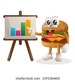 Cute burger mascot design gives report presentation, shows column graphics. Burger cartoon mascot character design. Delicious food with cheese, vegetables and meat. Cute mascot vector illustration