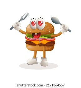 Cute burger mascot design holding spoon and fork. Burger cartoon mascot character design. Delicious food with cheese, vegetables and meat. Cute mascot vector illustration