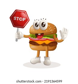 Cute burger mascot design holding stop sign, street sign, road sign. Burger cartoon mascot character design. Delicious food with cheese, vegetables and meat. Cute mascot vector illustration